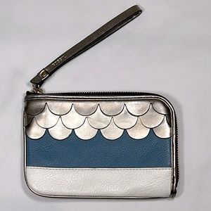 Fossil Blue, White, Pewter Leather Zippered Wristlet